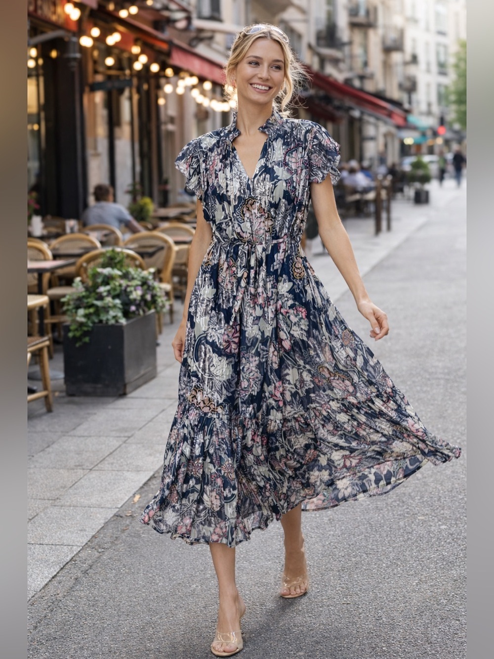 Ciebon Hilma Metallic Floral Print A-Line Midi Dress Size S